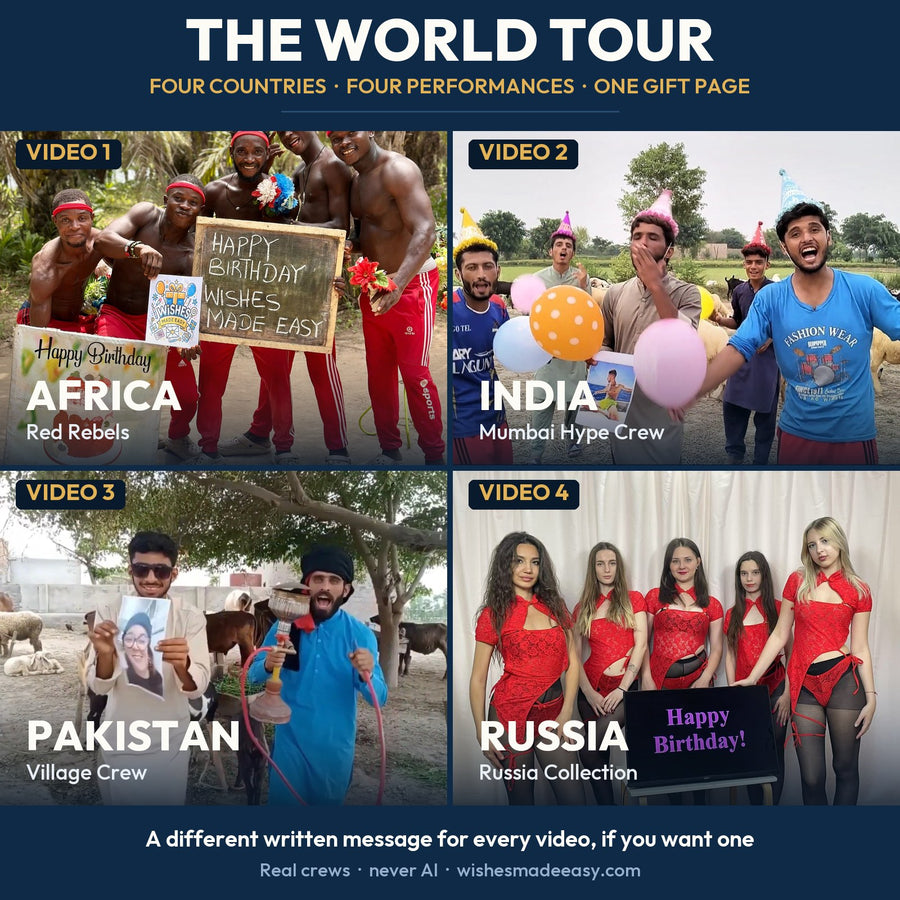 The World Tour — four personalised videos from the Red Rebels in Africa, the Mumbai Hype Crew in India, the Village Crew in Pakistan and the Russia Collection, delivered on one gift page