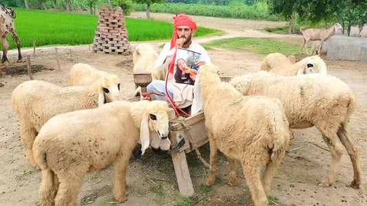 Personalised Pakistani birthday video greeting funny farm crew with sheep holding personalised birthday message sign in rural Pakistan setting