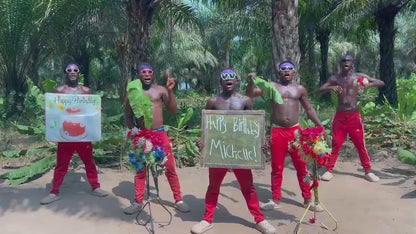 African performers in red traditional outfits recording a personalised video greeting